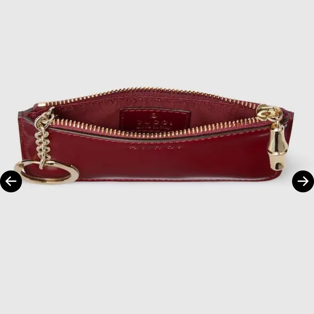 Gucci Deep Red Coin pouch ,, polished Leather with Gold Zip Bamboo charm NWT - Picture 6 of 9